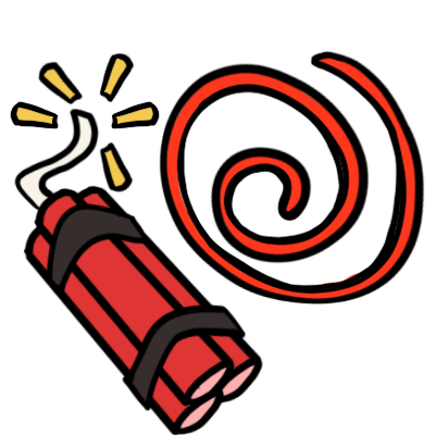 three sticks of dynamite tied together with a sparking fuse, next to a red spiral